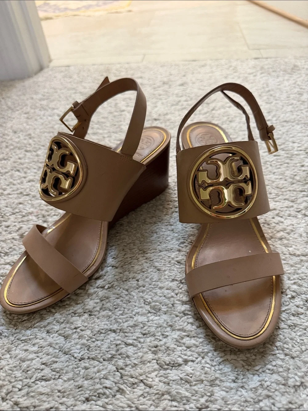 Tory Burch Brown Leather Wedge Sandals with Gold Logo